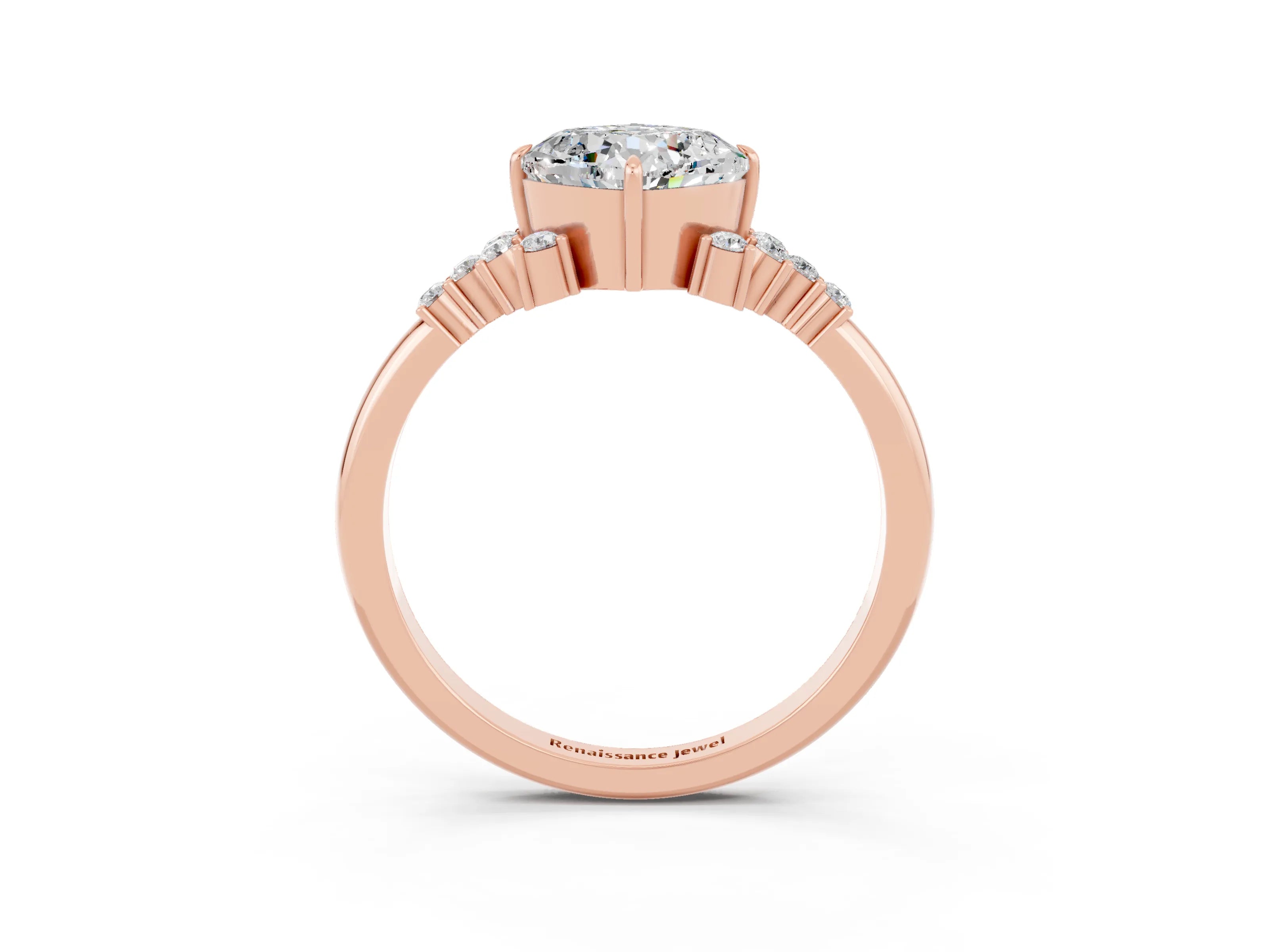 Rose gold Cushion Cut Moissanite Ring with Side Stones and Four-Prong Setting_39