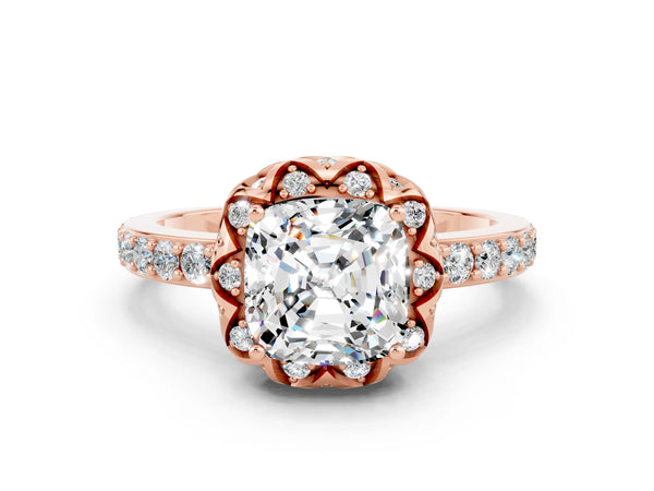 Rose gold Cushion Cut Moissanite Scalloped Halo Engagement Ring with Round Shared Prong Band
