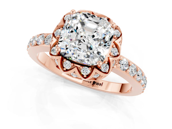Rose gold Cushion Cut Moissanite Scalloped Halo Engagement Ring with Round Shared Prong Band