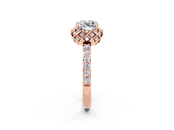 Rose gold Cushion Cut Moissanite Scalloped Halo Engagement Ring with Round Shared Prong Band