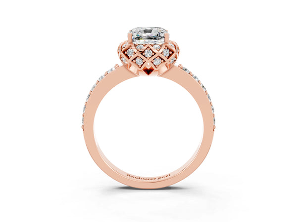 Rose gold Cushion Cut Moissanite Scalloped Halo Engagement Ring with Round Shared Prong Band
