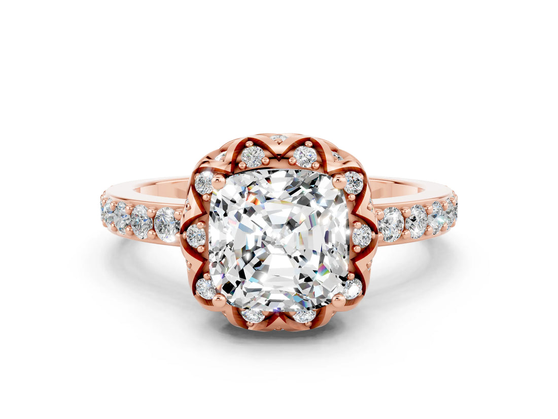Rose gold Cushion Cut Moissanite Scalloped Halo Engagement Ring with Round Shared Prong Band_24