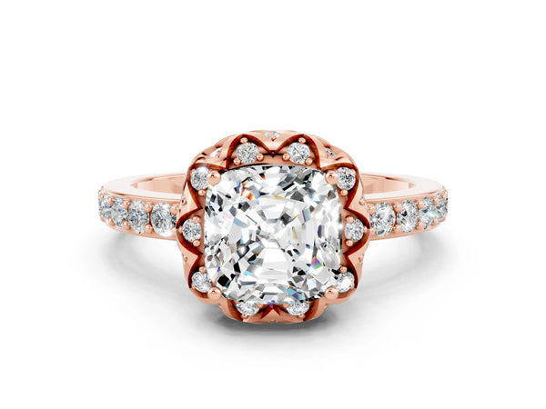 Rose gold Cushion Cut Moissanite Scalloped Halo Engagement Ring with Round Shared Prong Band