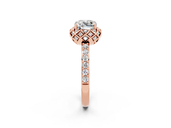Rose gold Cushion Cut Moissanite Scalloped Halo Engagement Ring with Round Shared Prong Band