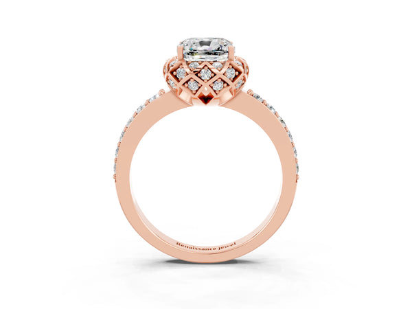 Rose gold Cushion Cut Moissanite Scalloped Halo Engagement Ring with Round Shared Prong Band