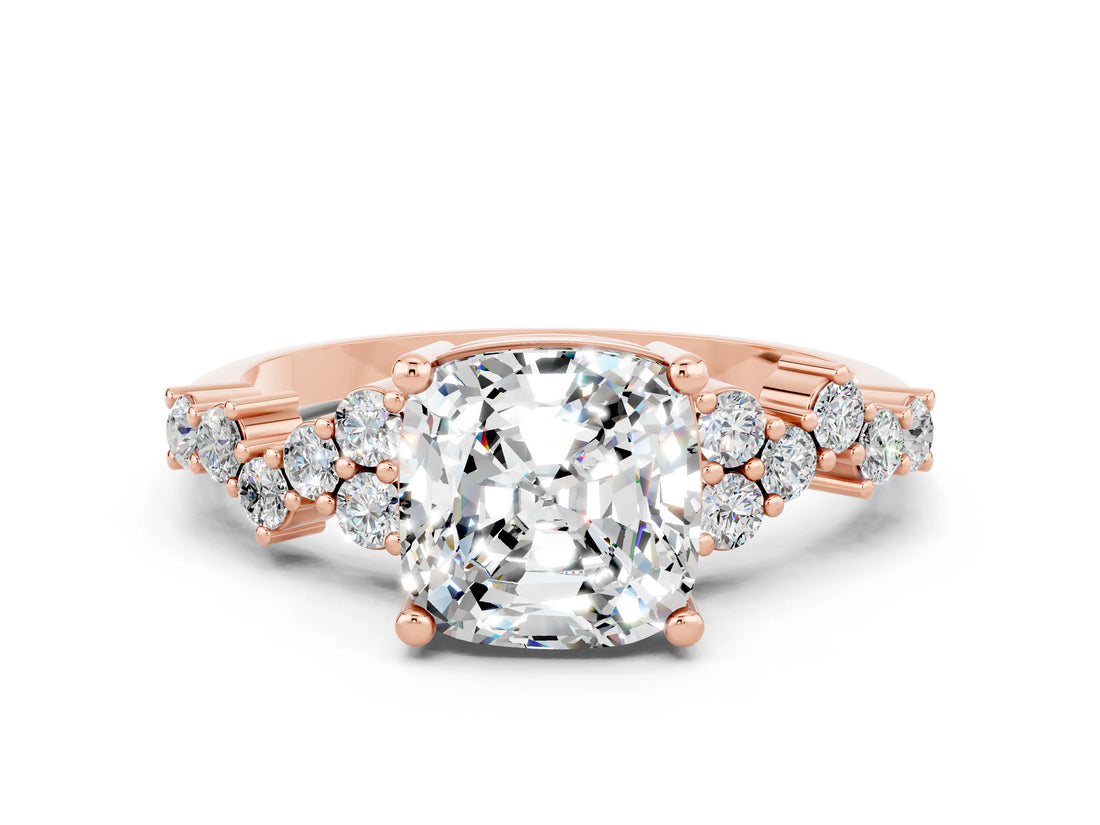Rose gold Cushion Cut Moissanite Scattered Round Accent Ring with Prong Setting_24