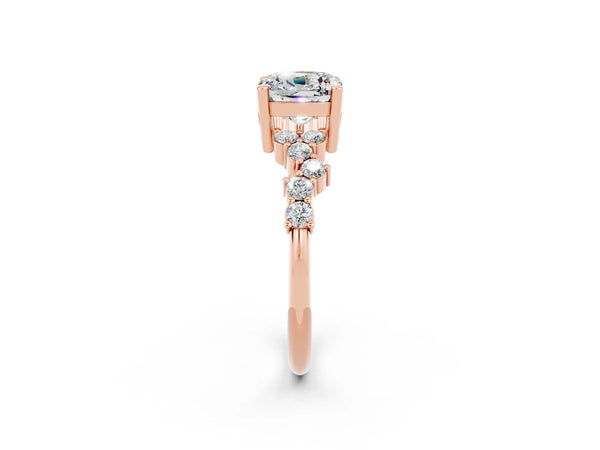 Rose gold Cushion Cut Moissanite Scattered Round Accent Ring with Prong Setting