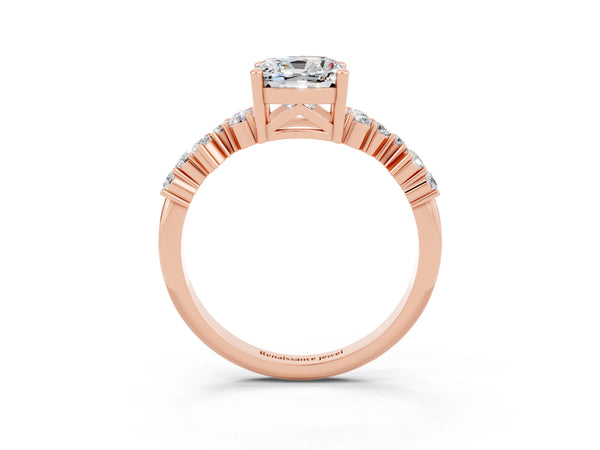 Rose gold Cushion Cut Moissanite Scattered Round Accent Ring with Prong Setting