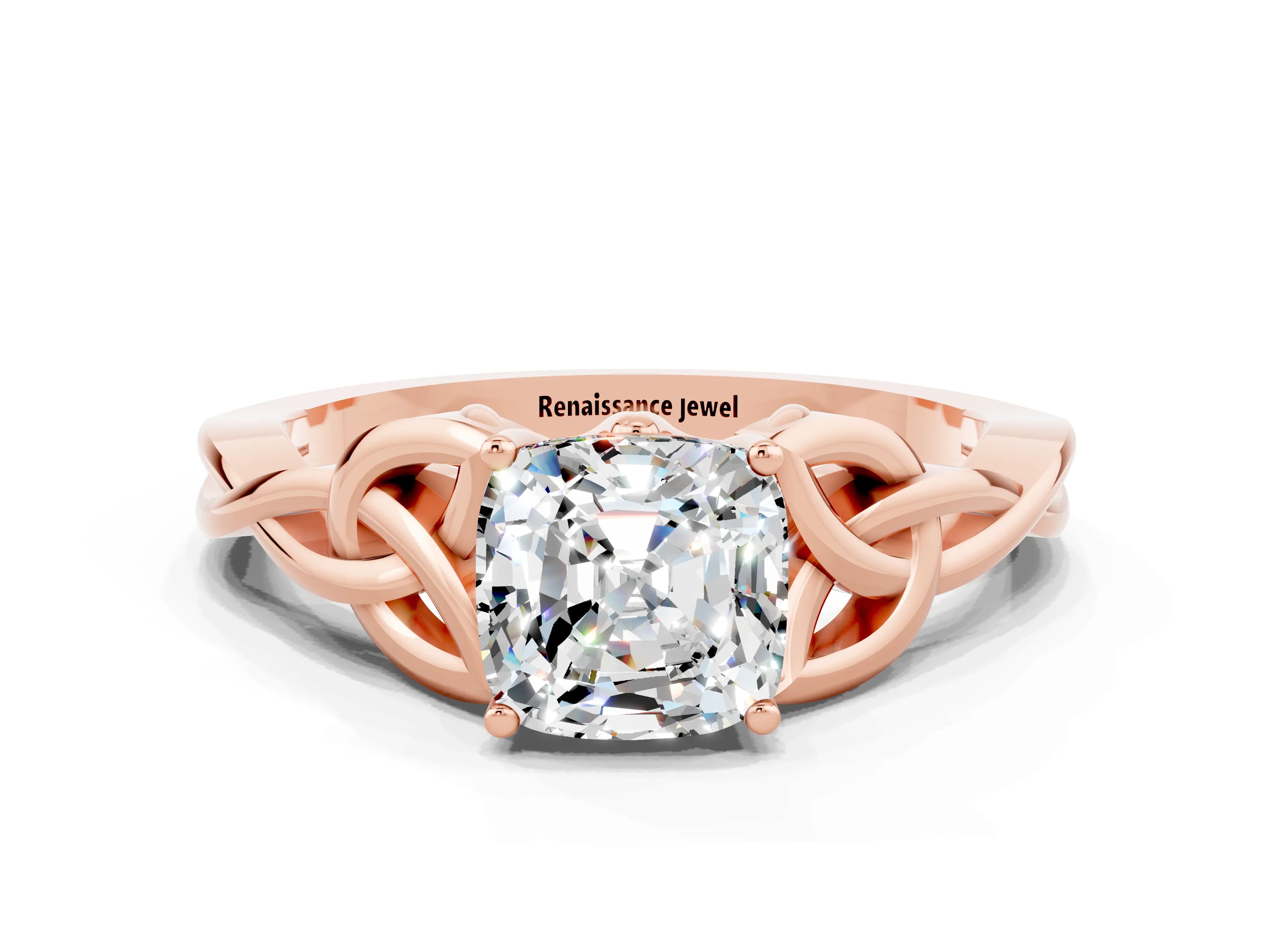 Rose gold Cushion Cut Moissanite Solitaire Celtic Knot Ring with Four-Prong Setting_12