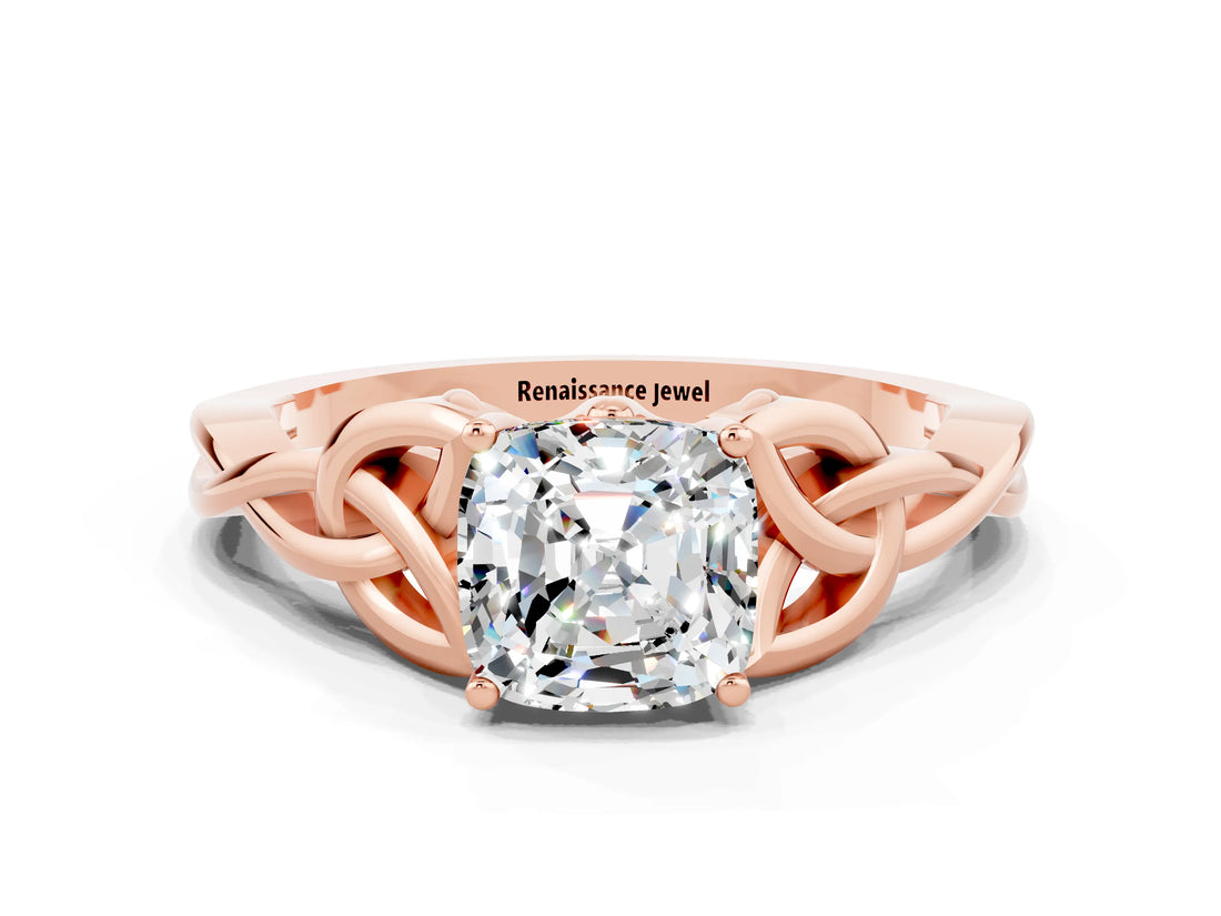 Rose gold Cushion Cut Moissanite Solitaire Celtic Knot Ring with Four-Prong Setting_12