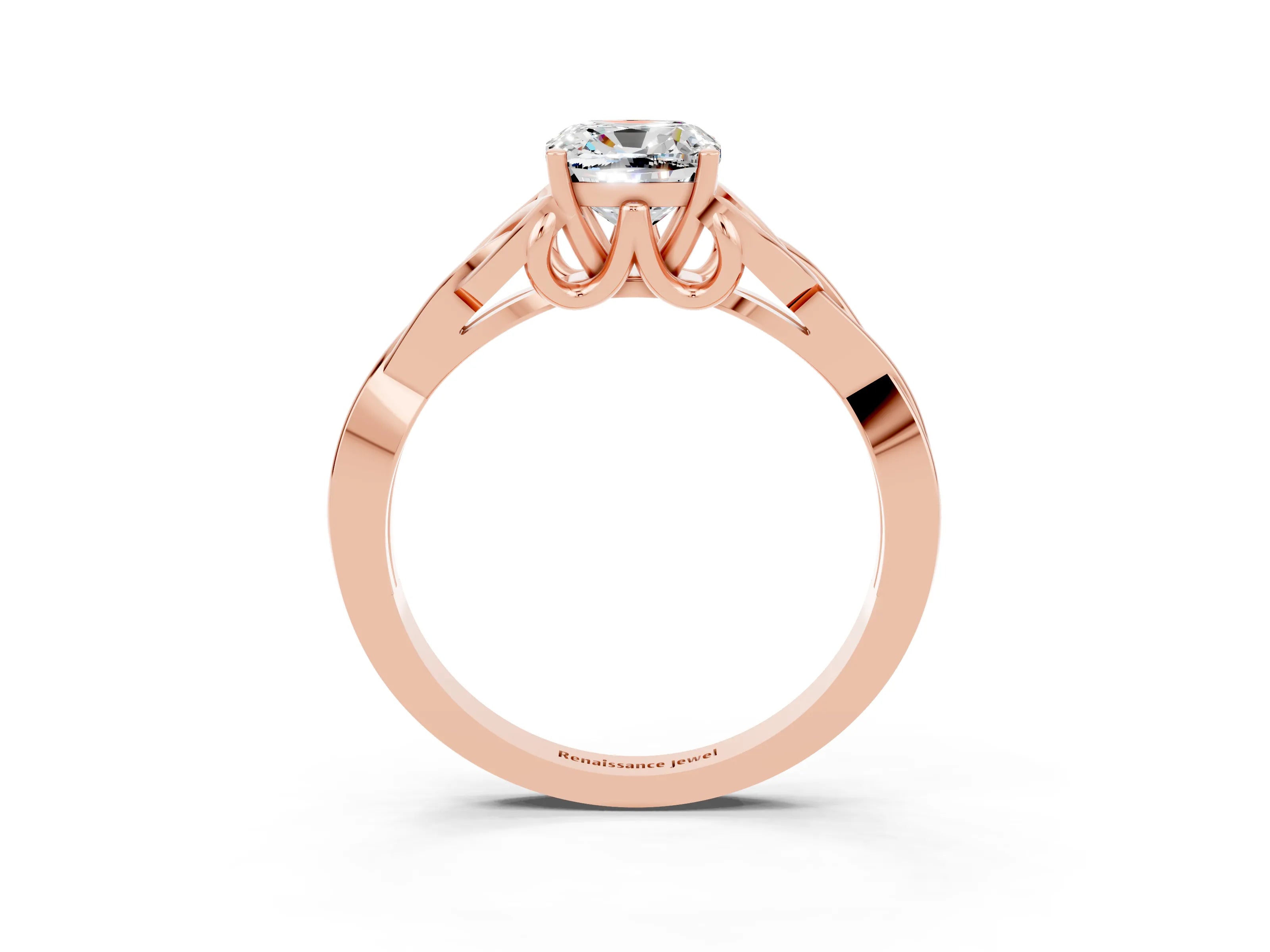 Rose gold Cushion Cut Moissanite Solitaire Celtic Knot Ring with Four-Prong Setting_15