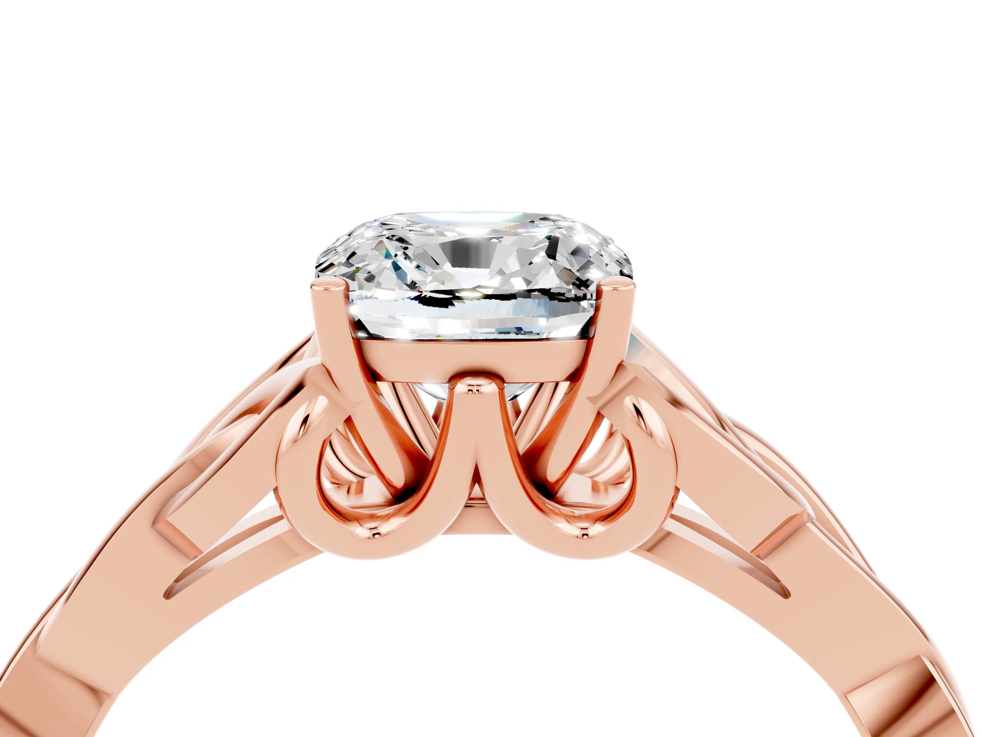 Rose gold Cushion Cut Moissanite Solitaire Celtic Knot Ring with Four-Prong Setting_16