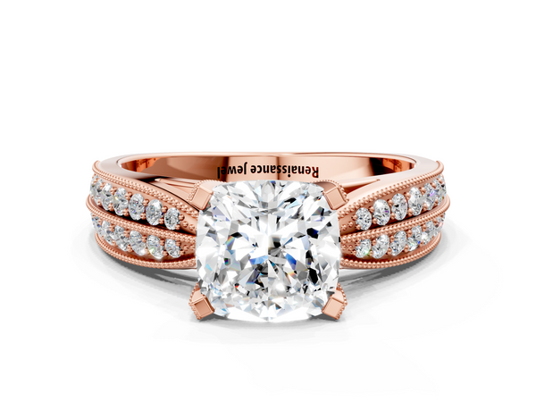 Rose gold Cushion Cut Moissanite   Solitaire Diamond Ring with Milgrain Pavé Band and Four-Prong Setting