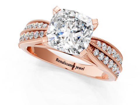 Rose gold Cushion Cut Moissanite   Solitaire Diamond Ring with Milgrain Pavé Band and Four-Prong Setting_40