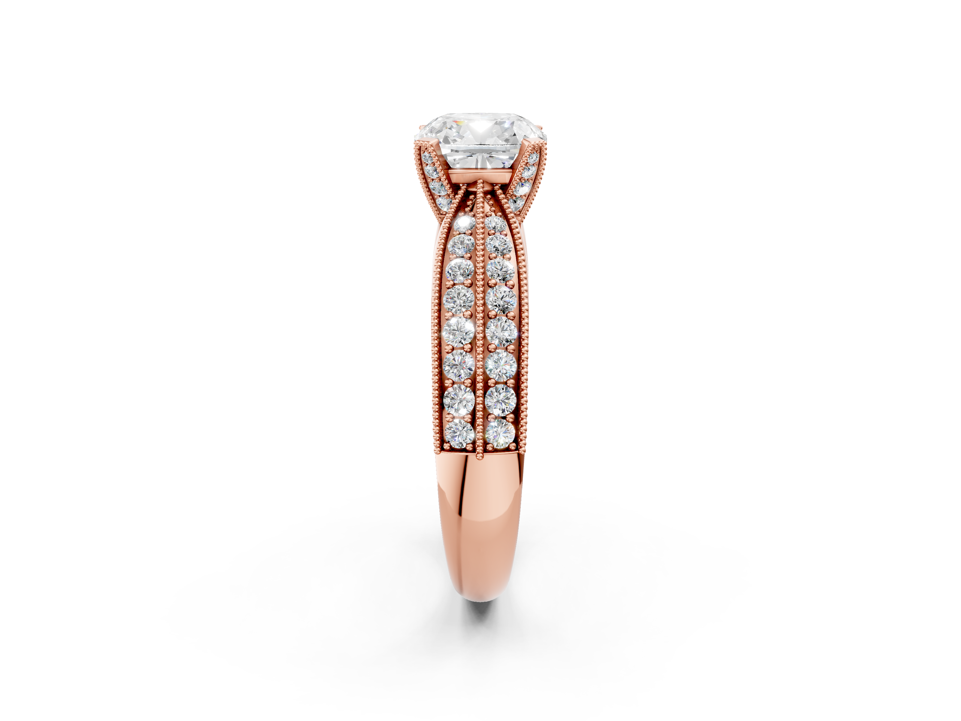 Rose gold Cushion Cut Moissanite   Solitaire Diamond Ring with Milgrain Pavé Band and Four-Prong Setting_41