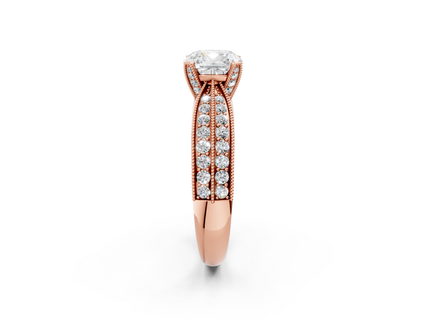Rose gold Cushion Cut Moissanite   Solitaire Diamond Ring with Milgrain Pavé Band and Four-Prong Setting