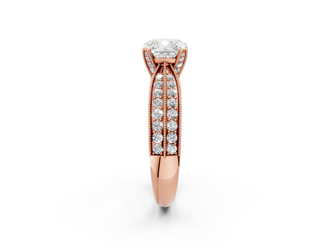 Rose gold Cushion Cut Moissanite   Solitaire Diamond Ring with Milgrain Pavé Band and Four-Prong Setting_41