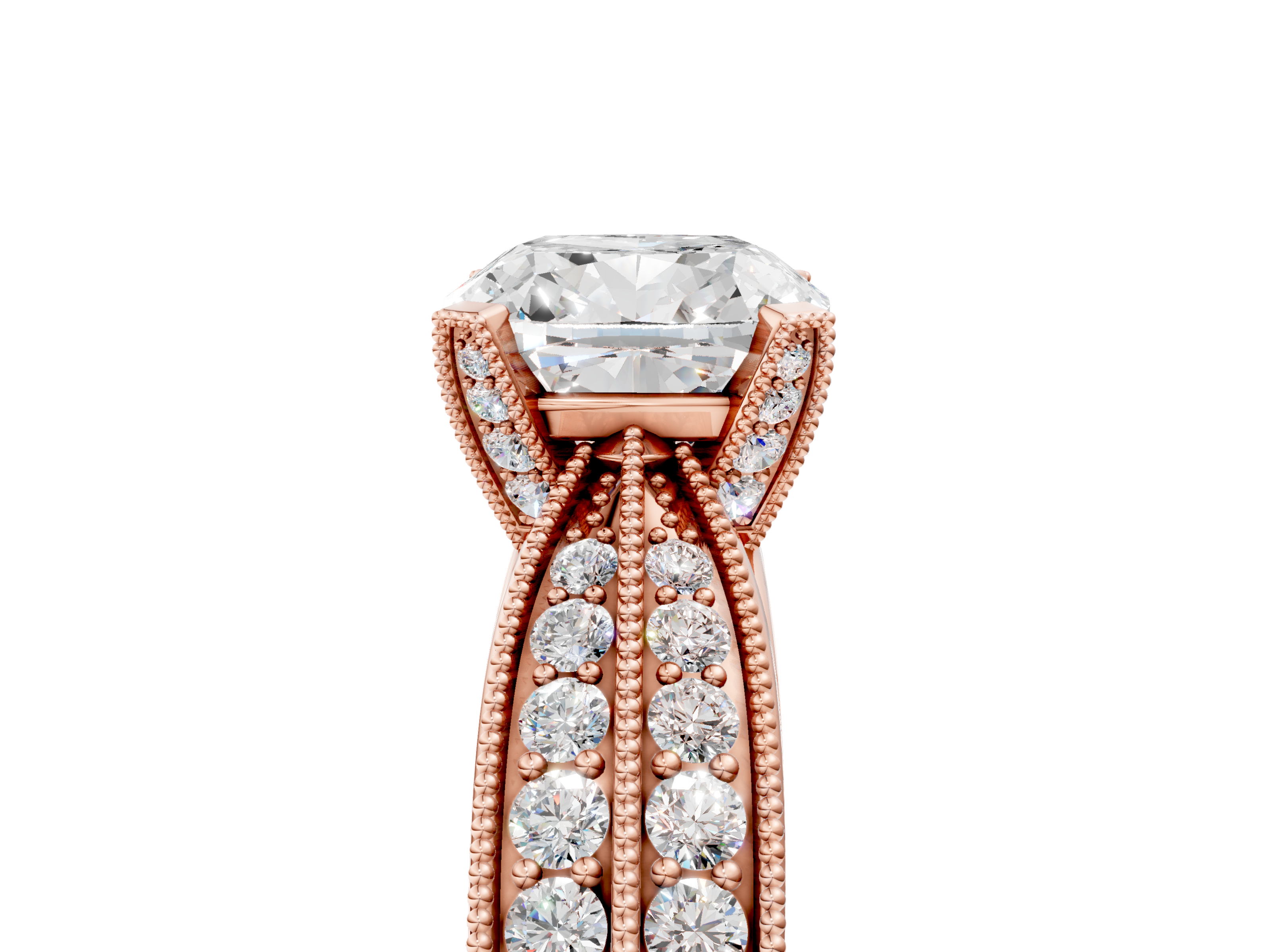 Rose gold Cushion Cut Moissanite   Solitaire Diamond Ring with Milgrain Pavé Band and Four-Prong Setting_44
