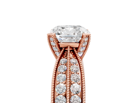 Rose gold Cushion Cut Moissanite   Solitaire Diamond Ring with Milgrain Pavé Band and Four-Prong Setting_44