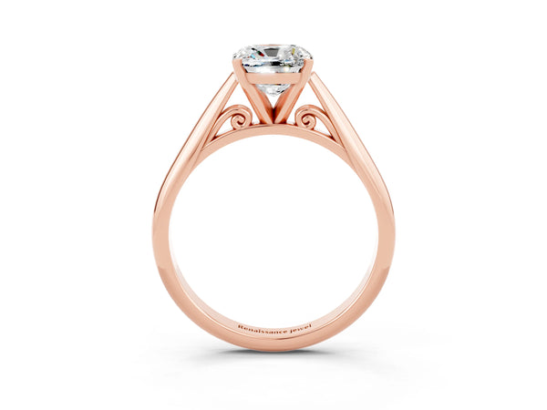 Rose gold Cushion Cut Moissanite Solitaire Engagement Ring with Cathedral Setting and Four-Prong Mount