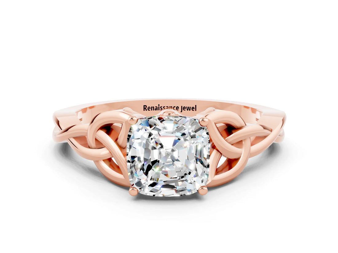 Rose gold Cushion Cut Moissanite Solitaire Engagement Ring with Celtic Knot Band and Four-Prong Setting