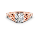 Rose gold Cushion Cut Moissanite Solitaire Engagement Ring with Celtic Knot Band and Four-Prong Setting