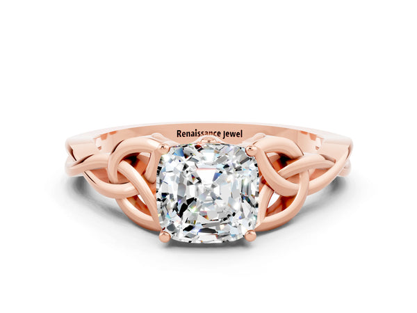 Rose gold Cushion Cut Moissanite Solitaire Engagement Ring with Celtic Knot Band and Four-Prong Setting