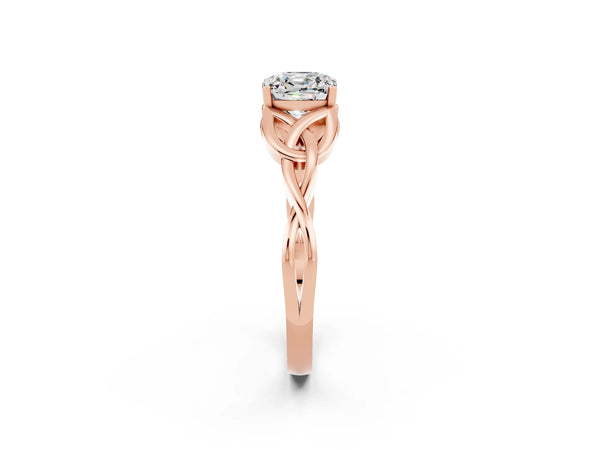 Rose gold Cushion Cut Moissanite Solitaire Engagement Ring with Celtic Knot Band and Four-Prong Setting