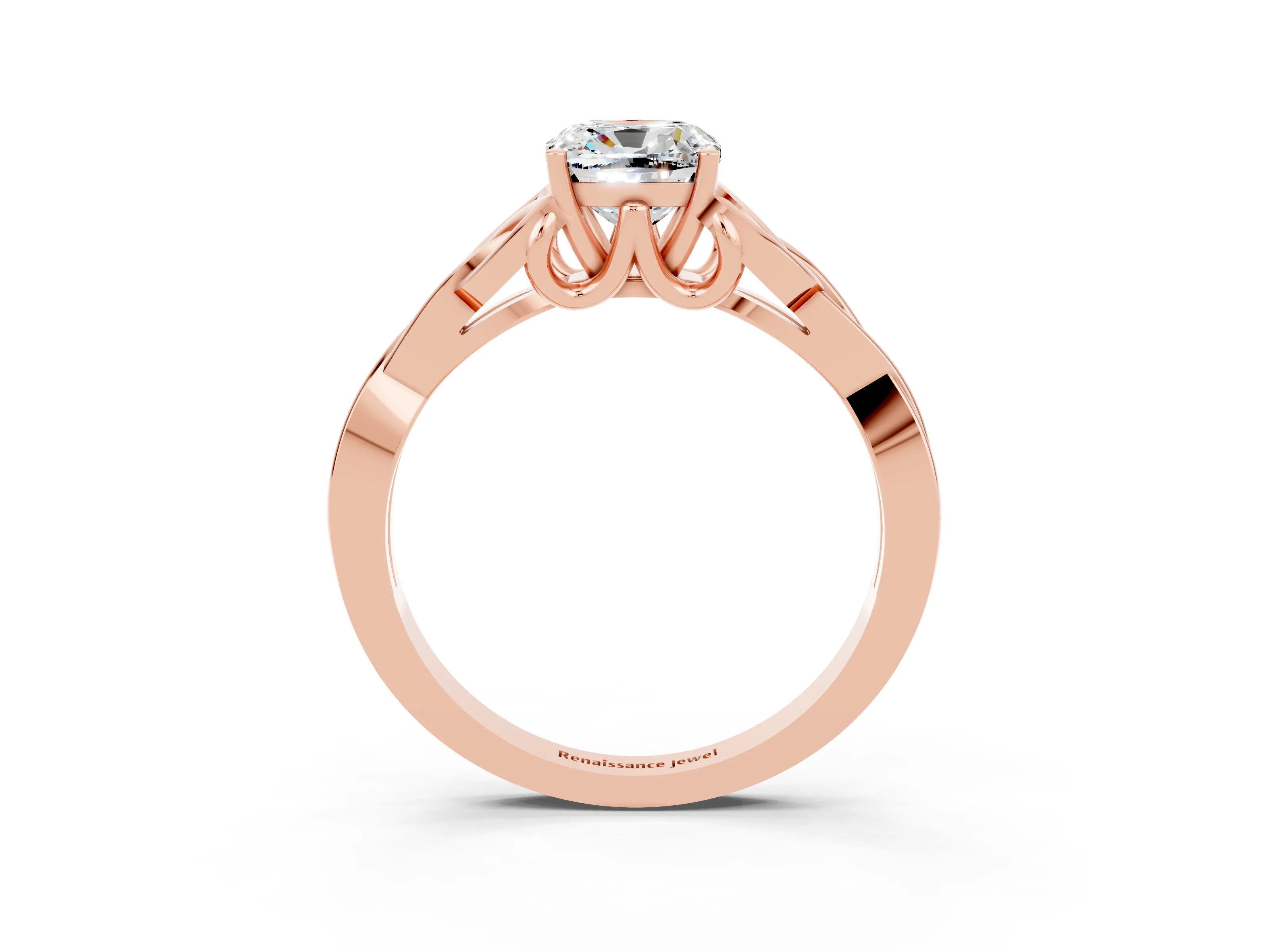 Rose gold Cushion Cut Moissanite Solitaire Engagement Ring with Celtic Knot Band and Four-Prong Setting_3