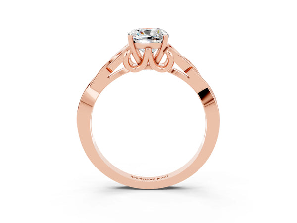Rose gold Cushion Cut Moissanite Solitaire Engagement Ring with Celtic Knot Band and Four-Prong Setting