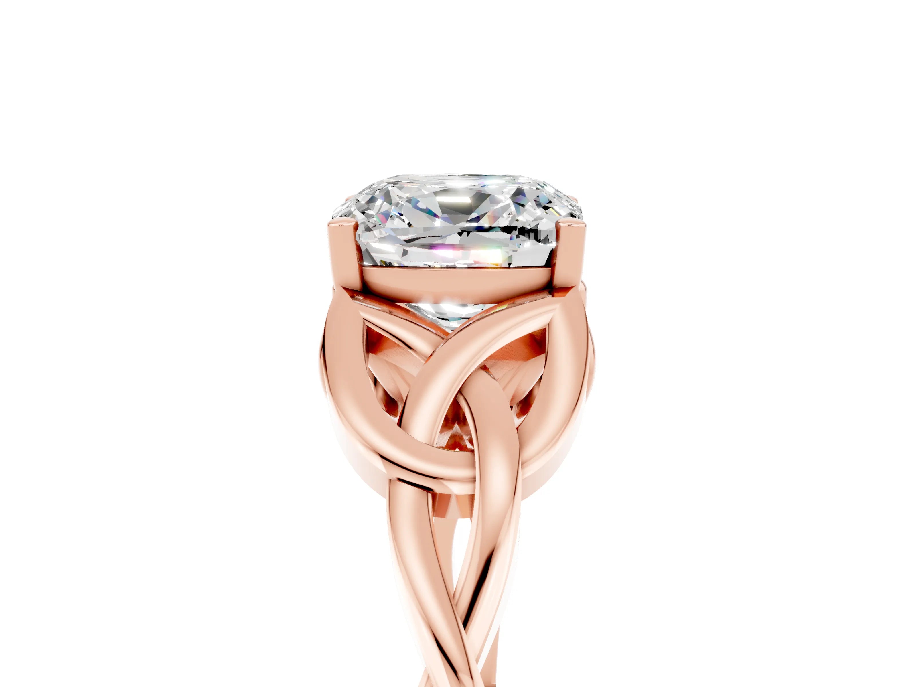 Rose gold Cushion Cut Moissanite Solitaire Engagement Ring with Celtic Knot Band and Four-Prong Setting_5