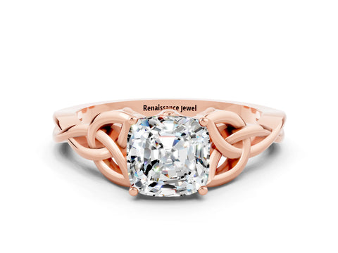 Rose gold Cushion Cut Moissanite Solitaire Engagement Ring with Celtic Knot Band and Four-Prong Setting