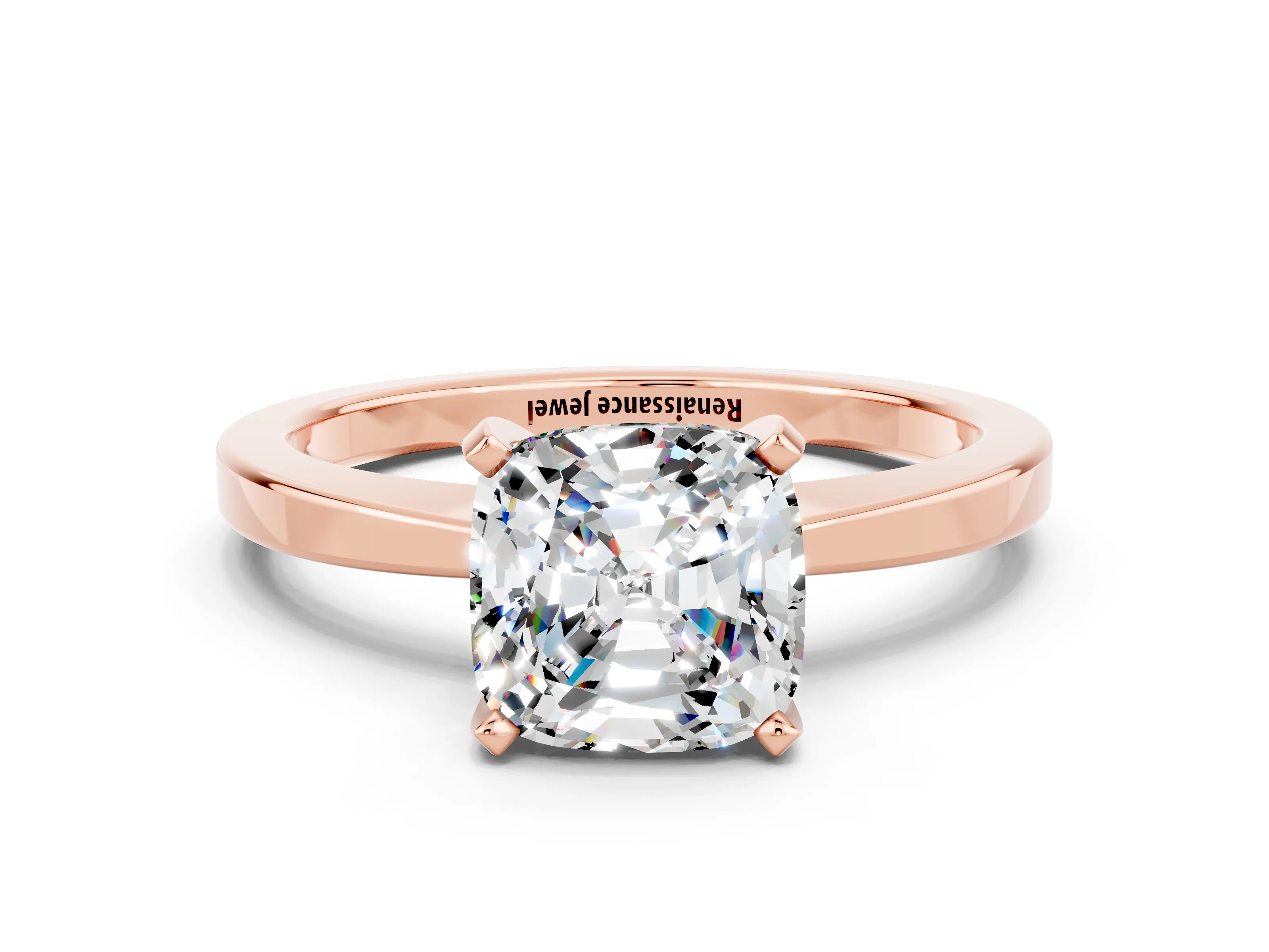Rose gold Cushion Cut Moissanite Solitaire Engagement Ring with Classic Band and Four-Prong Setting_24