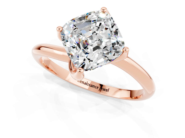 Rose gold Cushion Cut Moissanite Solitaire Engagement Ring with Four-Prong Setting and Classic Band
