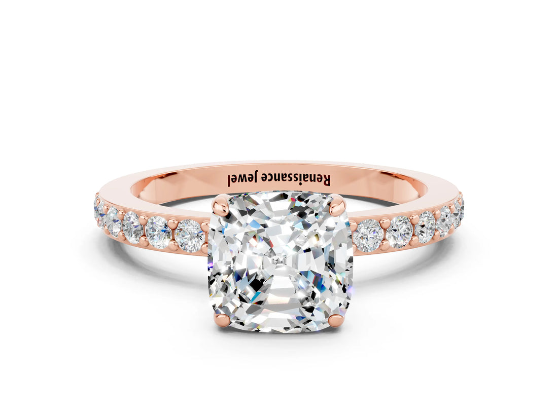 Rose gold Cushion Cut Moissanite Solitaire Engagement Ring with Pavé Band and Four-Prong Setting