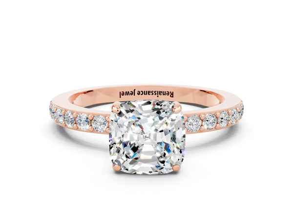 Rose gold Cushion Cut Moissanite Solitaire Engagement Ring with Pavé Band and Four-Prong Setting