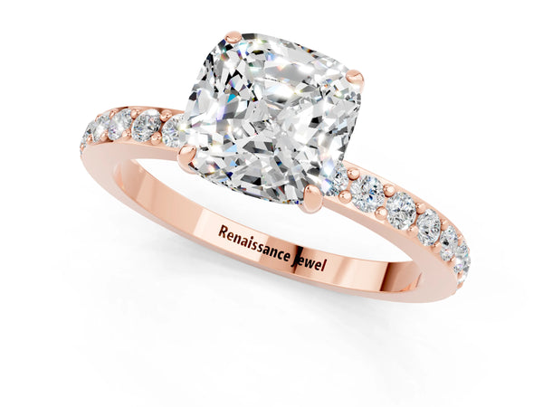 Rose gold Cushion Cut Moissanite Solitaire Engagement Ring with Pavé Band and Four-Prong Setting