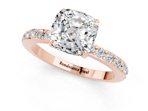 Rose gold Cushion Cut Moissanite Solitaire Engagement Ring with Pavé Band and Four-Prong Setting_1