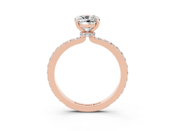 Rose gold Cushion Cut Moissanite Solitaire Engagement Ring with Pavé Band and Four-Prong Setting