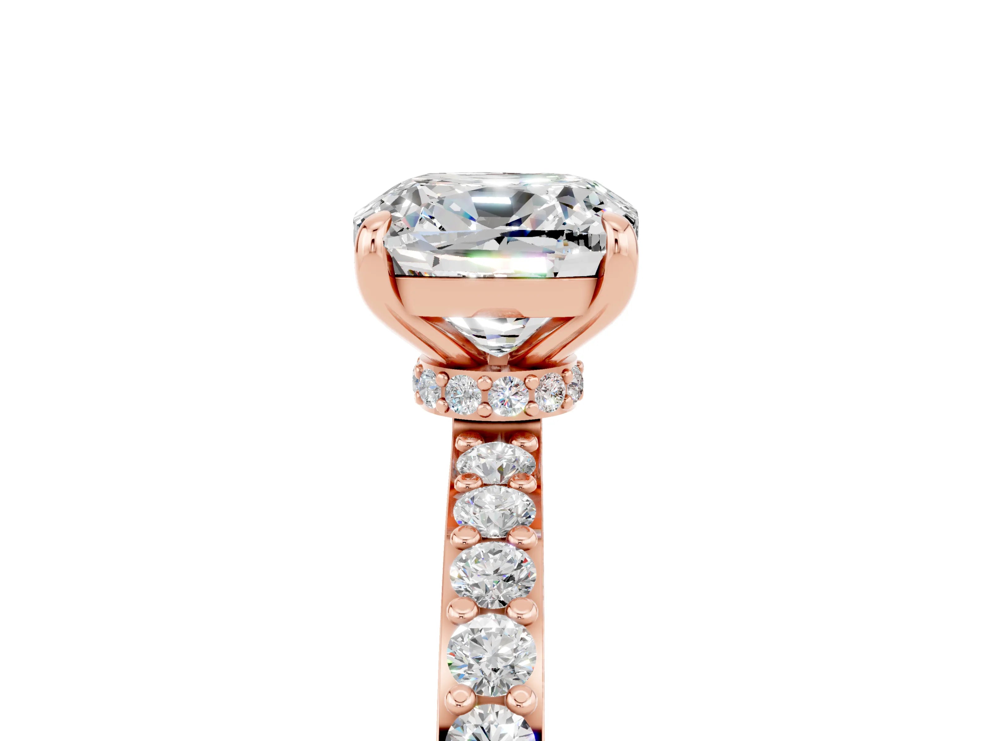 Rose gold Cushion Cut Moissanite Solitaire Engagement Ring with Pavé Band and Four-Prong Setting_5