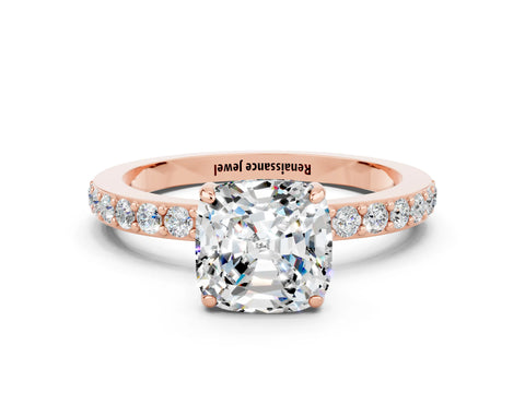 Rose gold Cushion Cut Moissanite Solitaire Engagement Ring with Pavé Band and Four-Prong Setting
