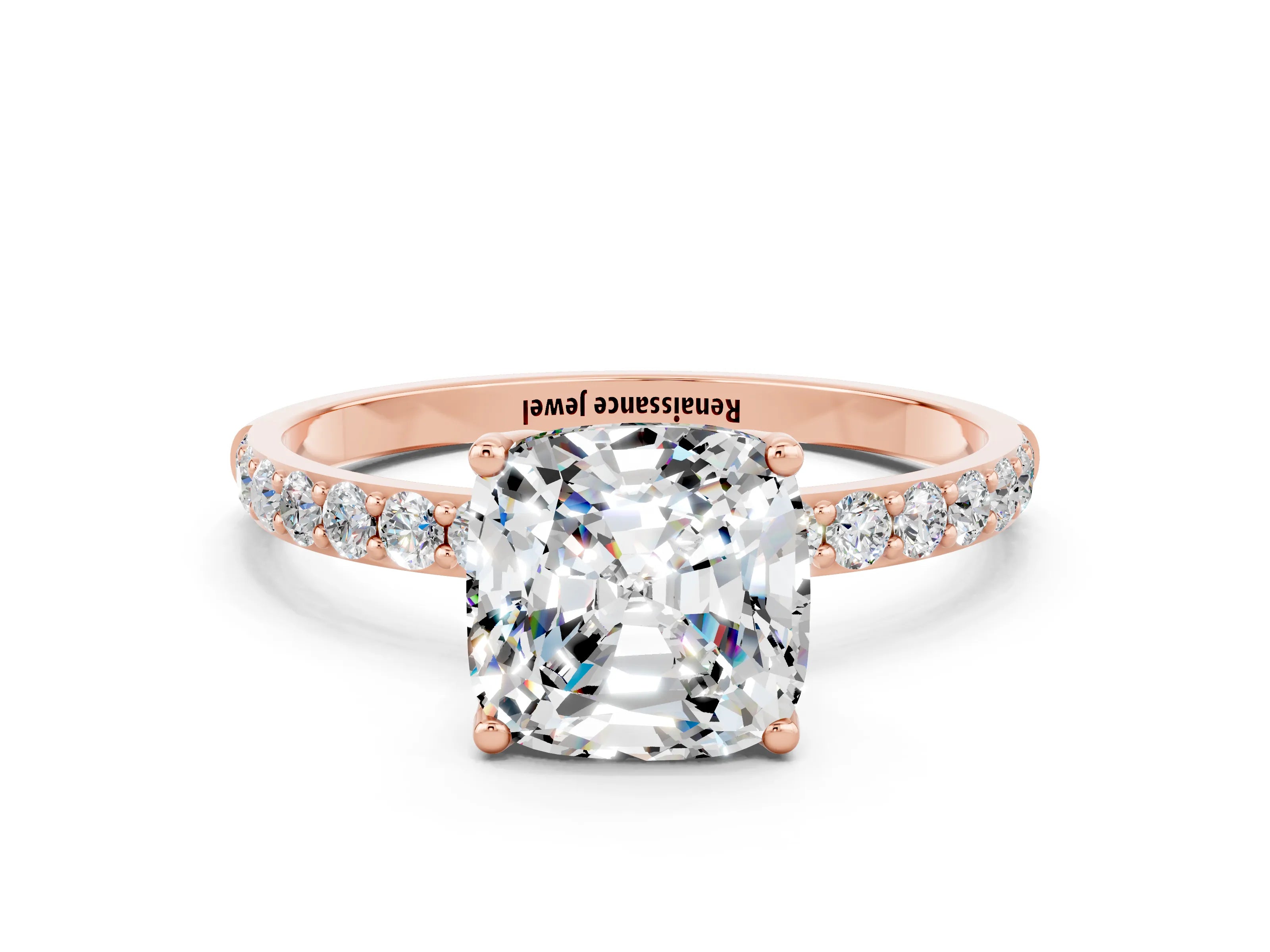 Rose gold Cushion Cut Moissanite Solitaire Engagement Ring with Pavé Band and Prong Setting