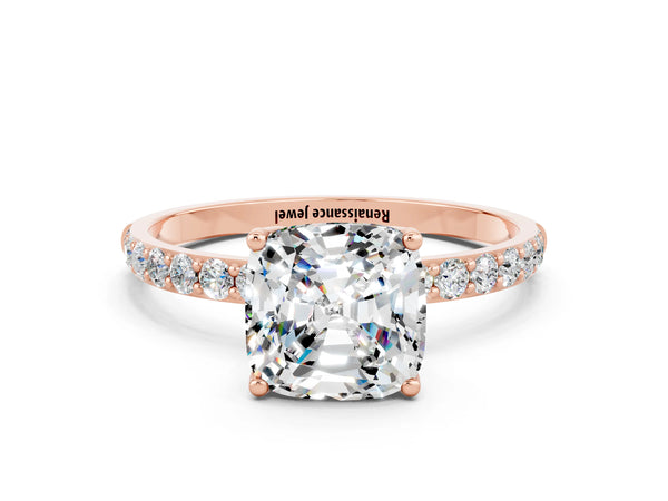 Rose gold Cushion Cut Moissanite Solitaire Engagement Ring with Round  Pavé Band and Prong Setting