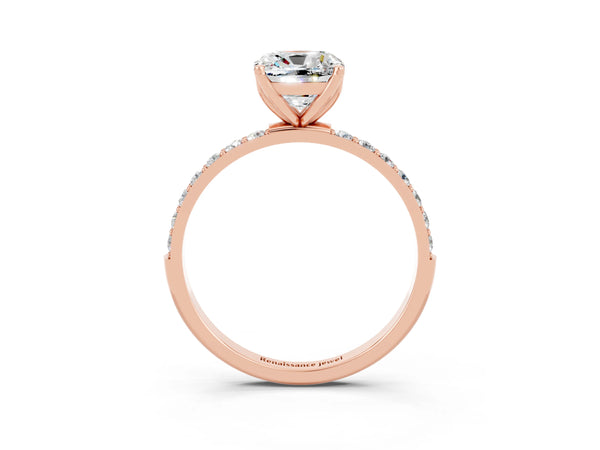 Rose gold Cushion Cut Moissanite Solitaire Engagement Ring with Round  Pavé Band and Prong Setting