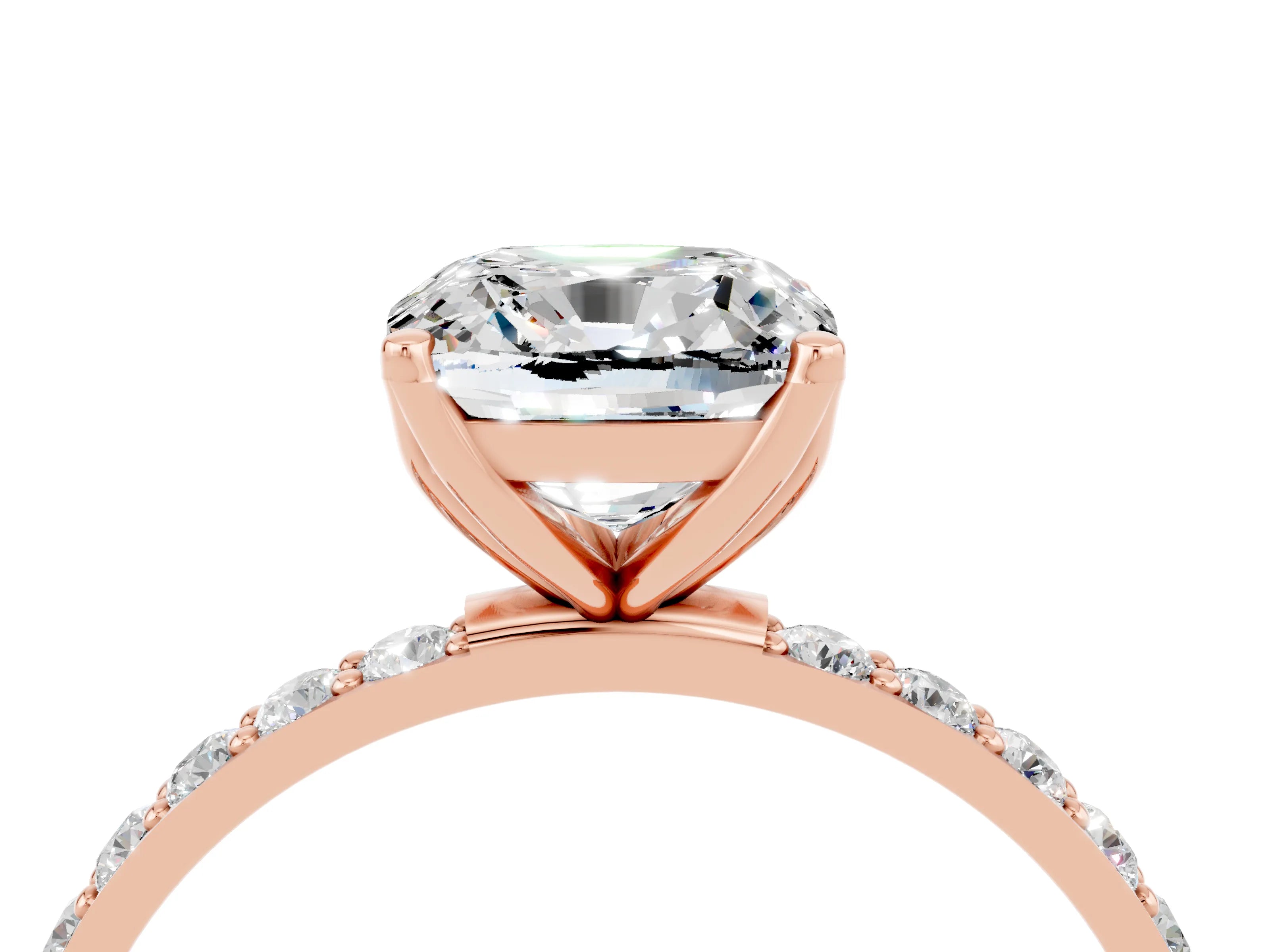 Rose gold Cushion Cut Moissanite Solitaire Engagement Ring with Pavé Band and Prong Setting_4