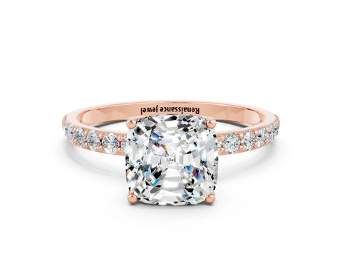 Rose gold Cushion Cut Moissanite Solitaire Engagement Ring with Pavé Band and Prong Setting