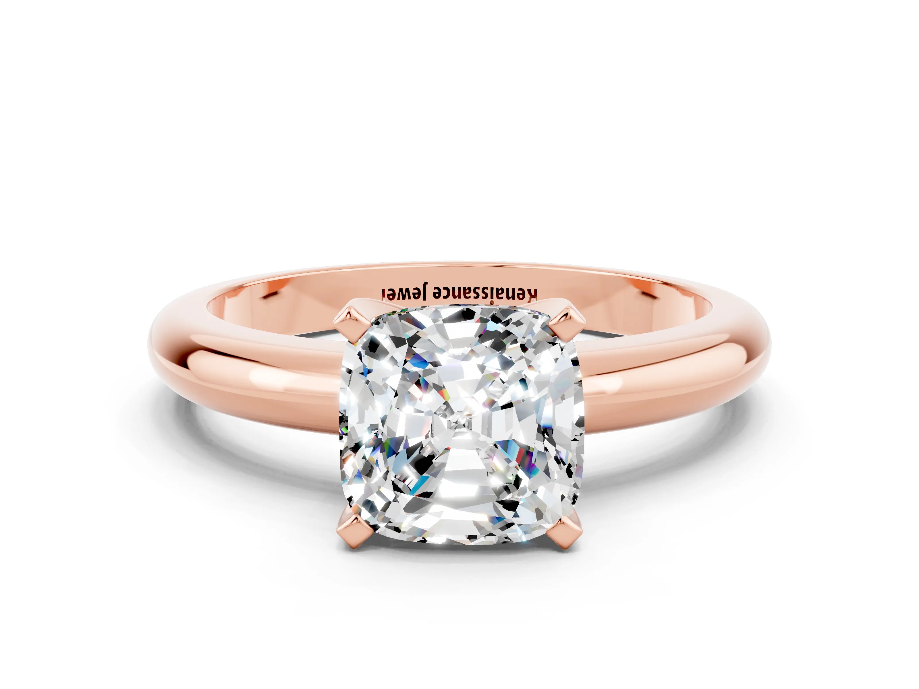 Rose gold Cushion Cut Moissanite Solitaire Engagement Ring with Round Band and Four-Prong Setting