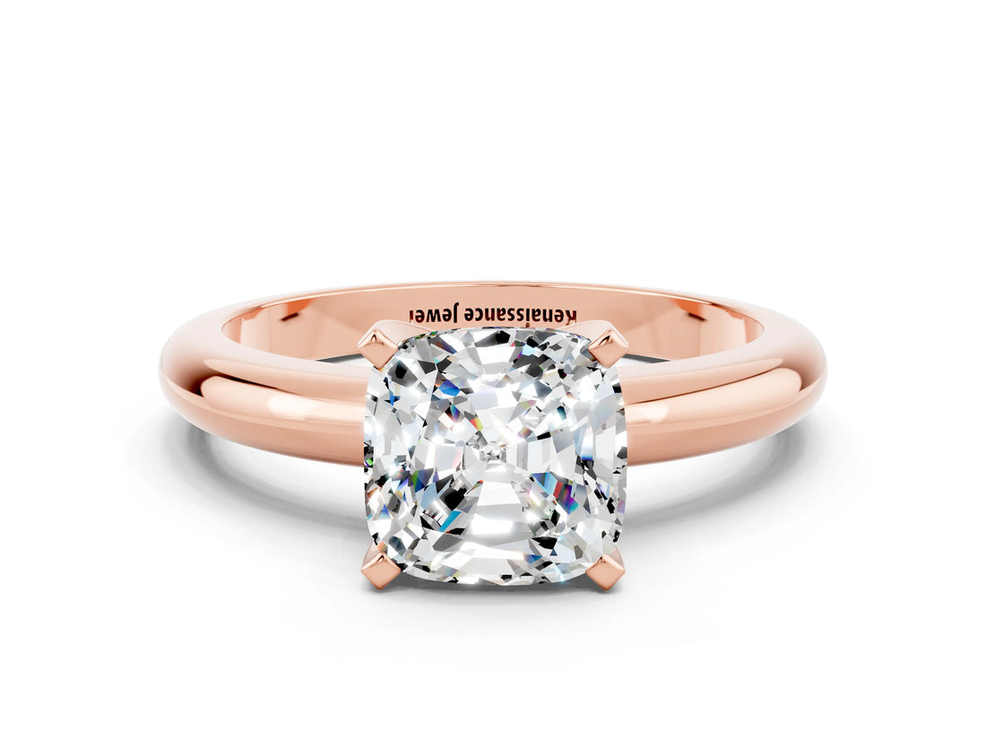 Rose gold Cushion Cut Moissanite Solitaire Engagement Ring with Round Band and Four-Prong Setting