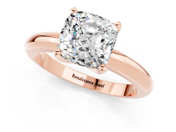 Rose gold Cushion Cut Moissanite Solitaire Engagement Ring with Round Band and Four-Prong Setting