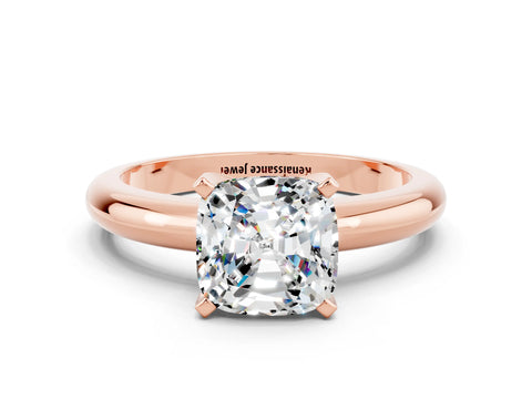 Rose gold Cushion Cut Moissanite Solitaire Engagement Ring with Round Band and Four-Prong Setting